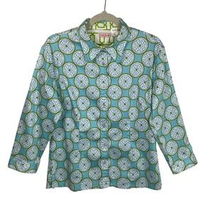 tizzie L Blue Green Geometric Medallion Print Button Front Cotton Shirt